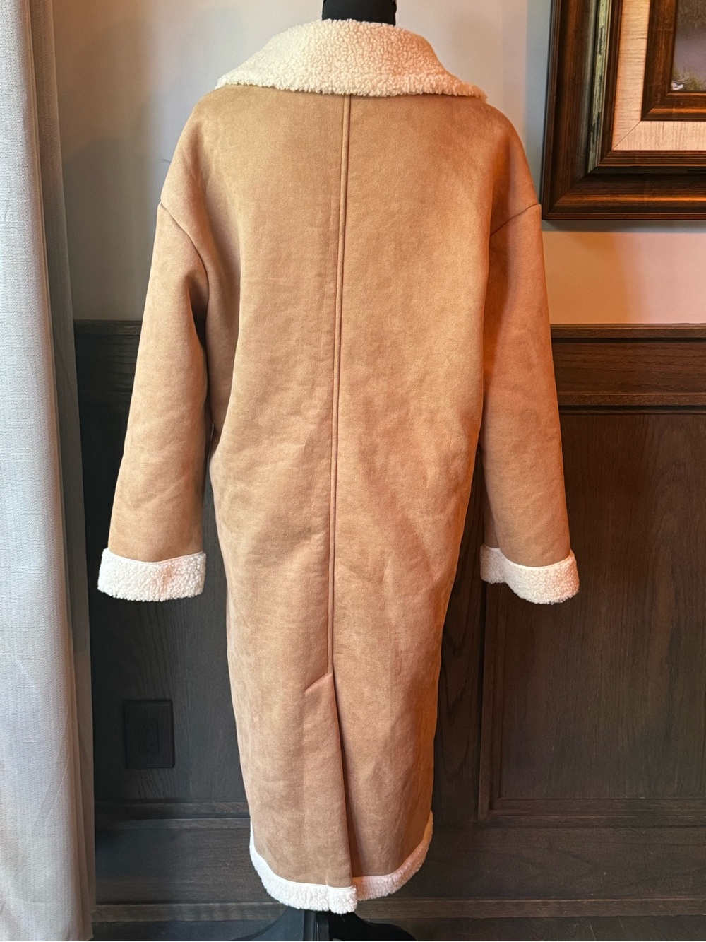 Yozy Long Double-Breasted Shearling-Trim Trench Coat in Camel NWT Medium - Picture 4 of 9